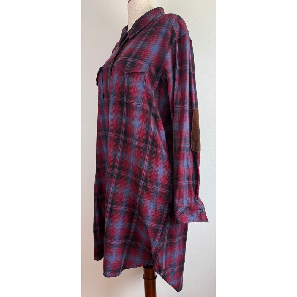 KAVU Shirt Dress Womens XXL Red Blue Plaid Flannel Button Up Elbow Patches - Picture 3 of 9